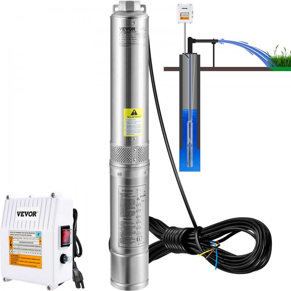VEVOR Deep Well Submersible Pump, 1.5HP 115V/60Hz, 37GPM 276ft Head, with 33 ft Cord & External Control Box, 4 inch Stainless Steel Water Pumps for Industrial, Irrigation and Home Use, IP68 Waterproof 