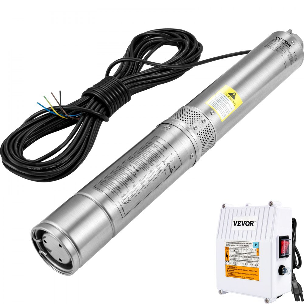 VEVOR Deep Well Submersible Pump, 1.5HP 115V/60Hz, 37GPM 276ft Head, with 33 ft Cord & External Control Box, 4 inch Stainless Steel Water Pumps for Industrial, Irrigation and Home Use, IP68 Waterproof 
