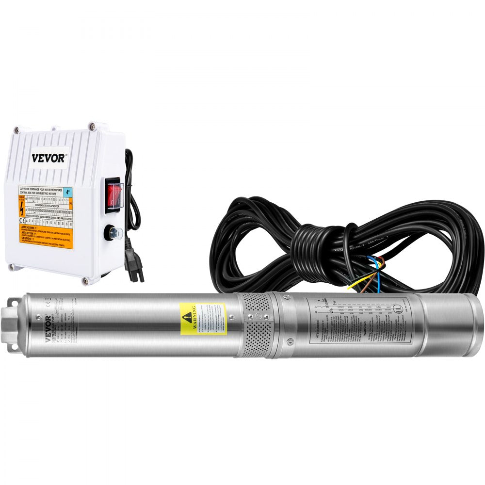 VEVOR Deep Well Submersible Pump, 1.5HP 115V/60Hz, 37GPM 276ft Head, with 33 ft Cord & External Control Box, 4 inch Stainless Steel Water Pumps for Industrial, Irrigation and Home Use, IP68 Waterproof 