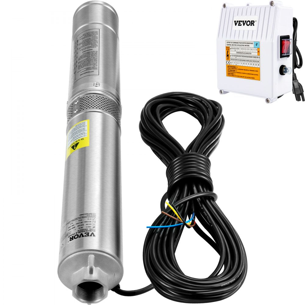 VEVOR Deep Well Submersible Pump, 1.5HP 115V/60Hz, 37GPM 276ft Head, with 33 ft Cord & External Control Box, 4 inch Stainless Steel Water Pumps for Industrial, Irrigation and Home Use, IP68 Waterproof 