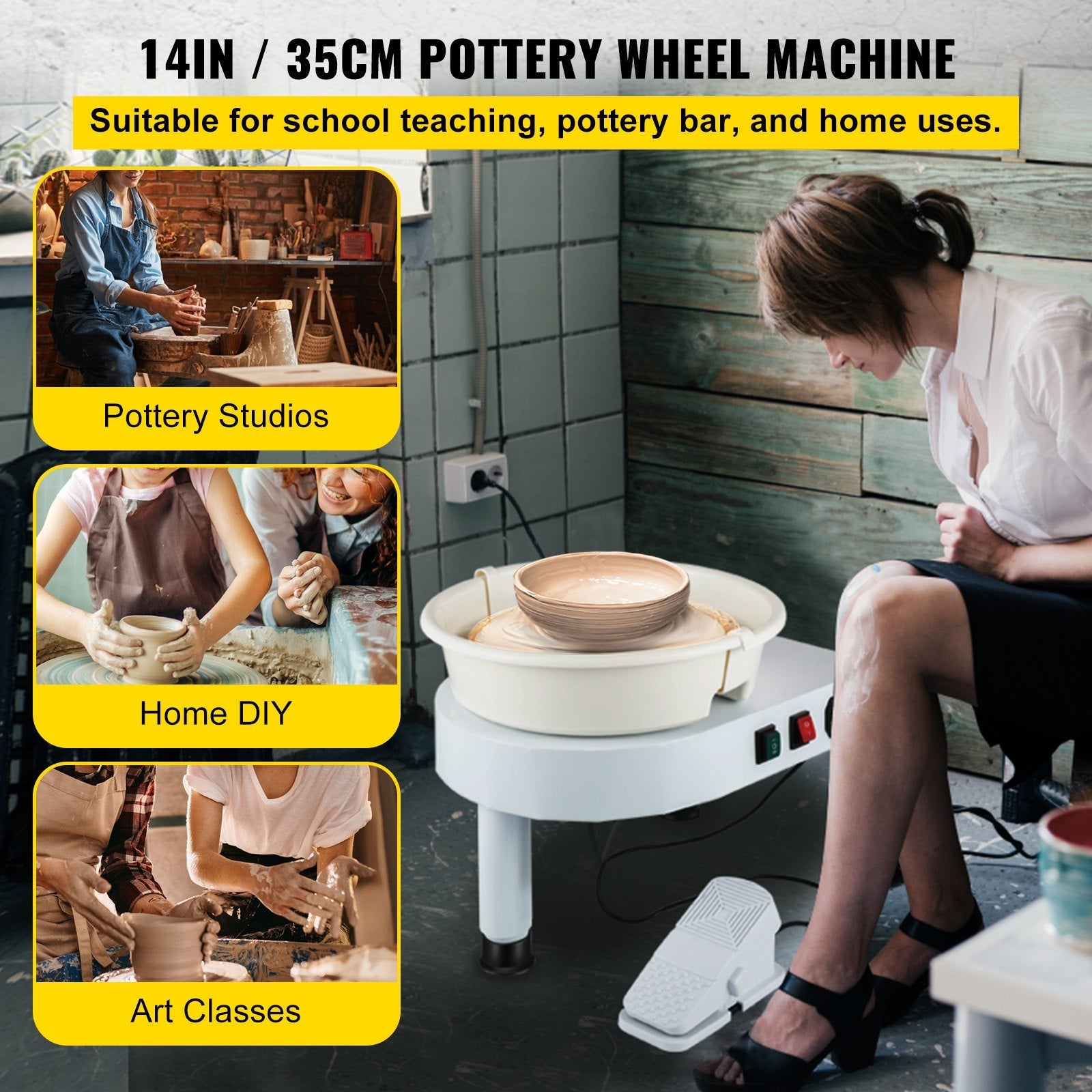 VEVOR Pottery Wheel, 14in Ceramic Wheel Forming Machine, 0-300RPM Speed Manual Adjustable 0-7.8in Lift Leg, Foot Pedal Detachable Basin, Sculpting Tool Accessory Kit for Work Art Craft DIY 
