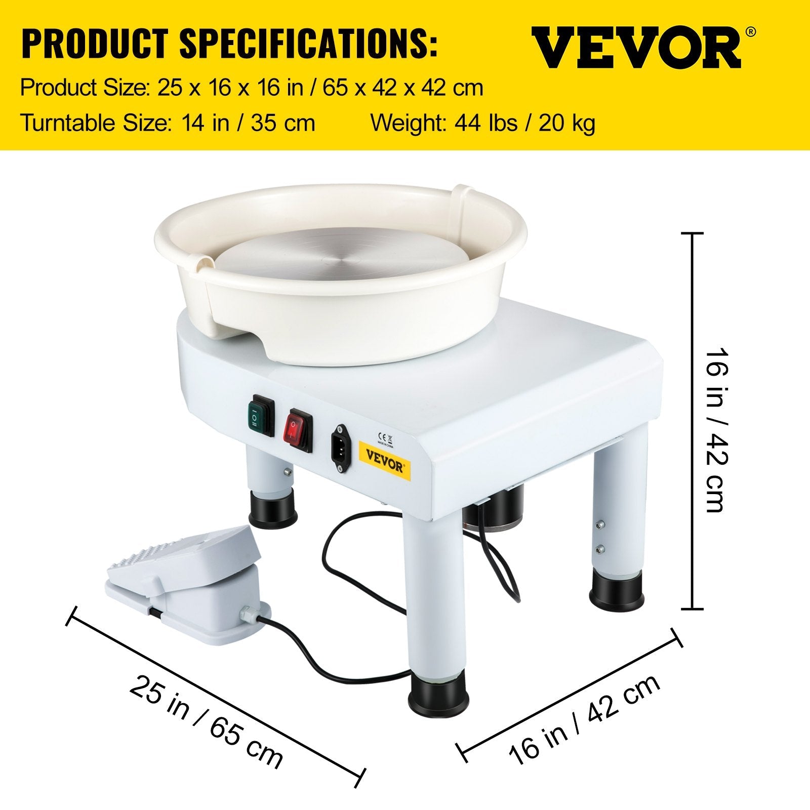 VEVOR Pottery Wheel, 14in Ceramic Wheel Forming Machine, 0-300RPM Speed Manual Adjustable 0-7.8in Lift Leg, Foot Pedal Detachable Basin, Sculpting Tool Accessory Kit for Work Art Craft DIY 