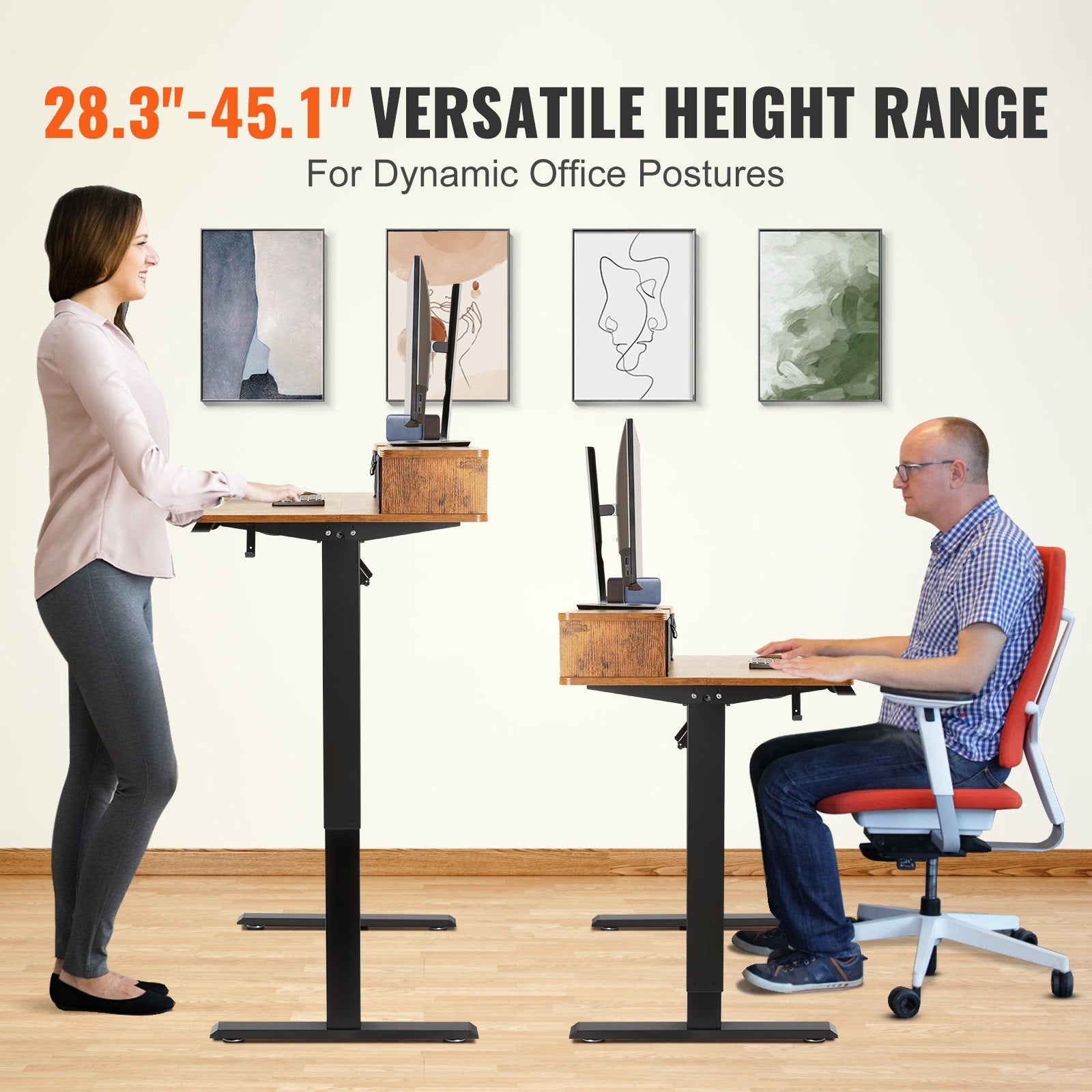 VEVOR Height Adjustable Desk, 47.2" x 23.6" Electric Dual Monitor Riser Workstation, Whole Piece Desk Board Sit to Stand, 3-Key Modes Sturdy Dual Metal Frame,180LBS Capacity for Computer Home & Office 