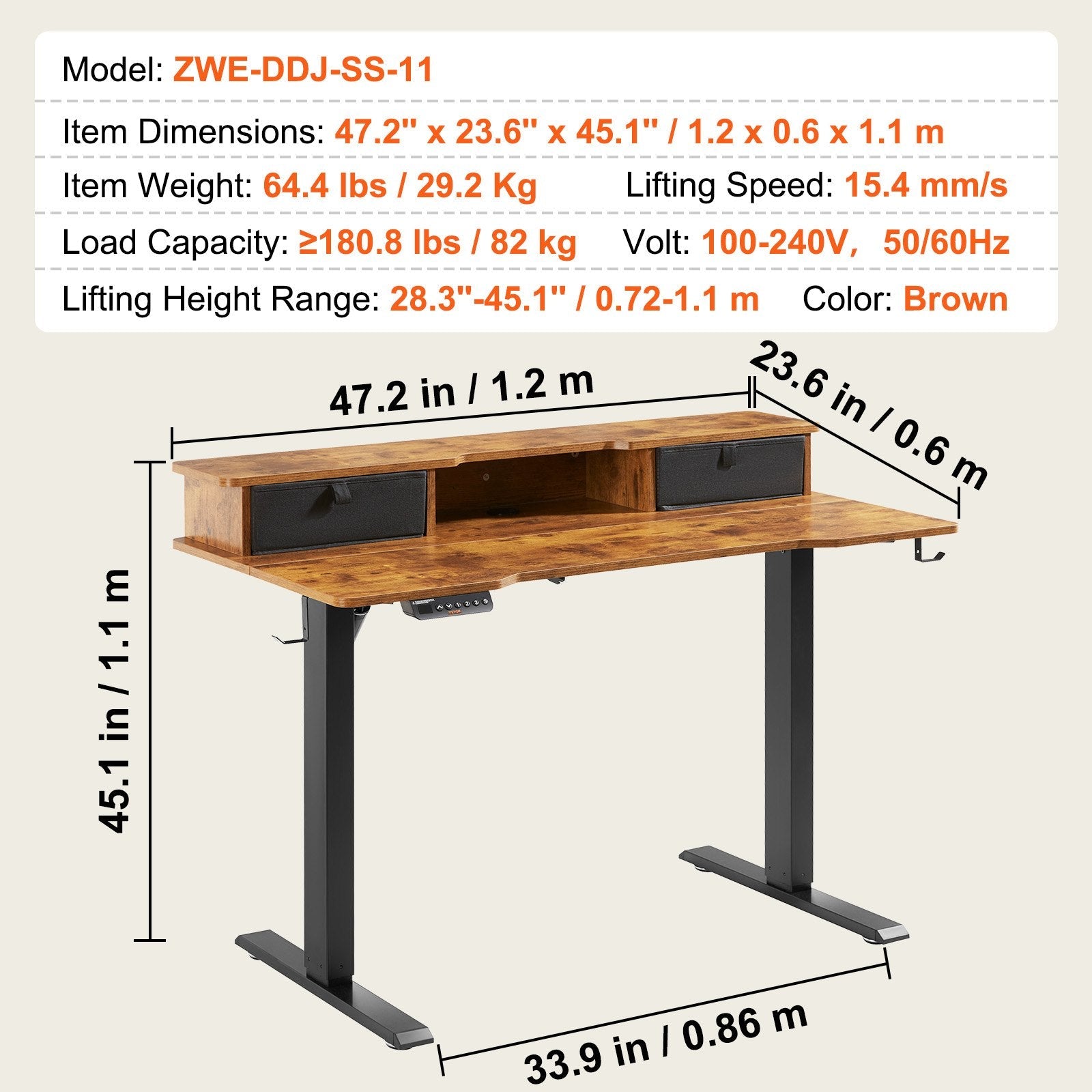 VEVOR Height Adjustable Desk, 47.2" x 23.6" Electric Dual Monitor Riser Workstation, Whole Piece Desk Board Sit to Stand, 3-Key Modes Sturdy Dual Metal Frame,180LBS Capacity for Computer Home & Office 