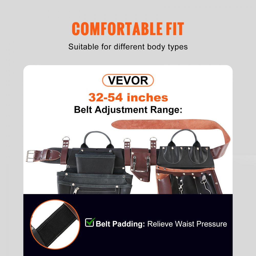 VEVOR Tool Belt, 31 Pockets, Adjusts from 32 Inches to 54 Inches, Leather Heavy Duty Tool Pouch Bag, Detachable Tool Bag for Electrician, Carpenter, Handyman, Woodworker, Construction, Black/Brown 