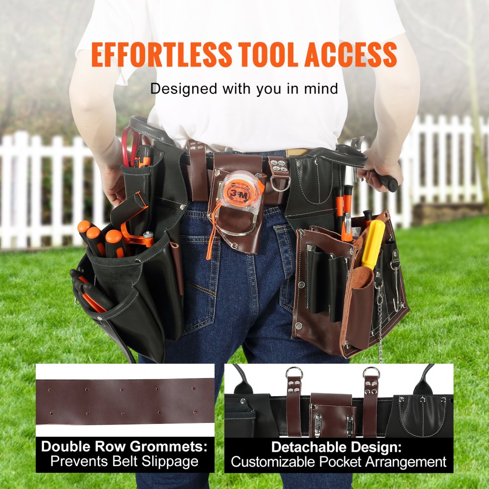 VEVOR Tool Belt, 31 Pockets, Adjusts from 32 Inches to 54 Inches, Leather Heavy Duty Tool Pouch Bag, Detachable Tool Bag for Electrician, Carpenter, Handyman, Woodworker, Construction, Black/Brown 