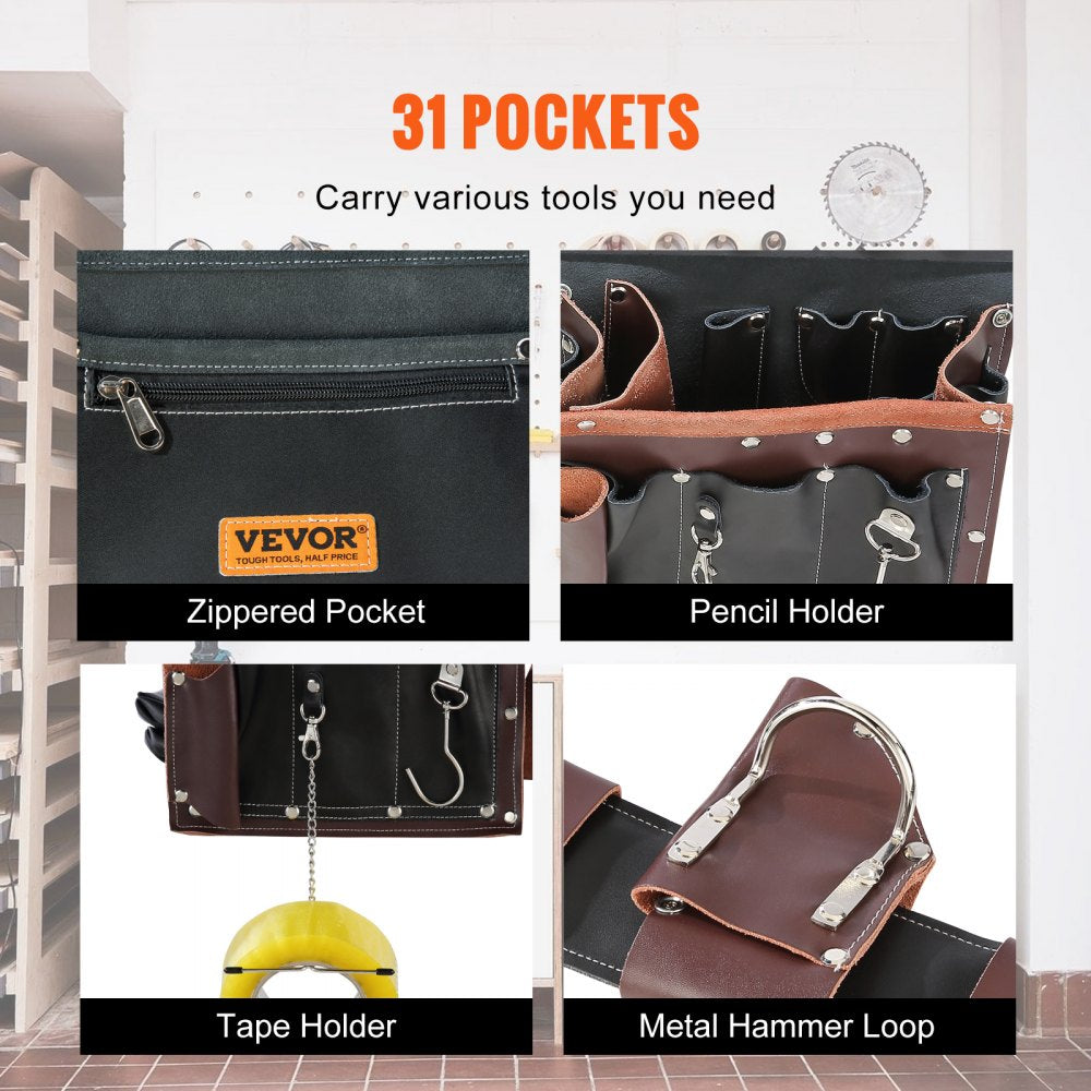 VEVOR Tool Belt, 31 Pockets, Adjusts from 32 Inches to 54 Inches, Leather Heavy Duty Tool Pouch Bag, Detachable Tool Bag for Electrician, Carpenter, Handyman, Woodworker, Construction, Black/Brown 