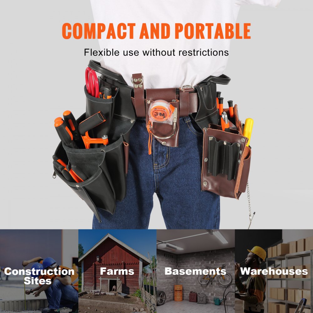 VEVOR Tool Belt, 31 Pockets, Adjusts from 32 Inches to 54 Inches, Leather Heavy Duty Tool Pouch Bag, Detachable Tool Bag for Electrician, Carpenter, Handyman, Woodworker, Construction, Black/Brown 