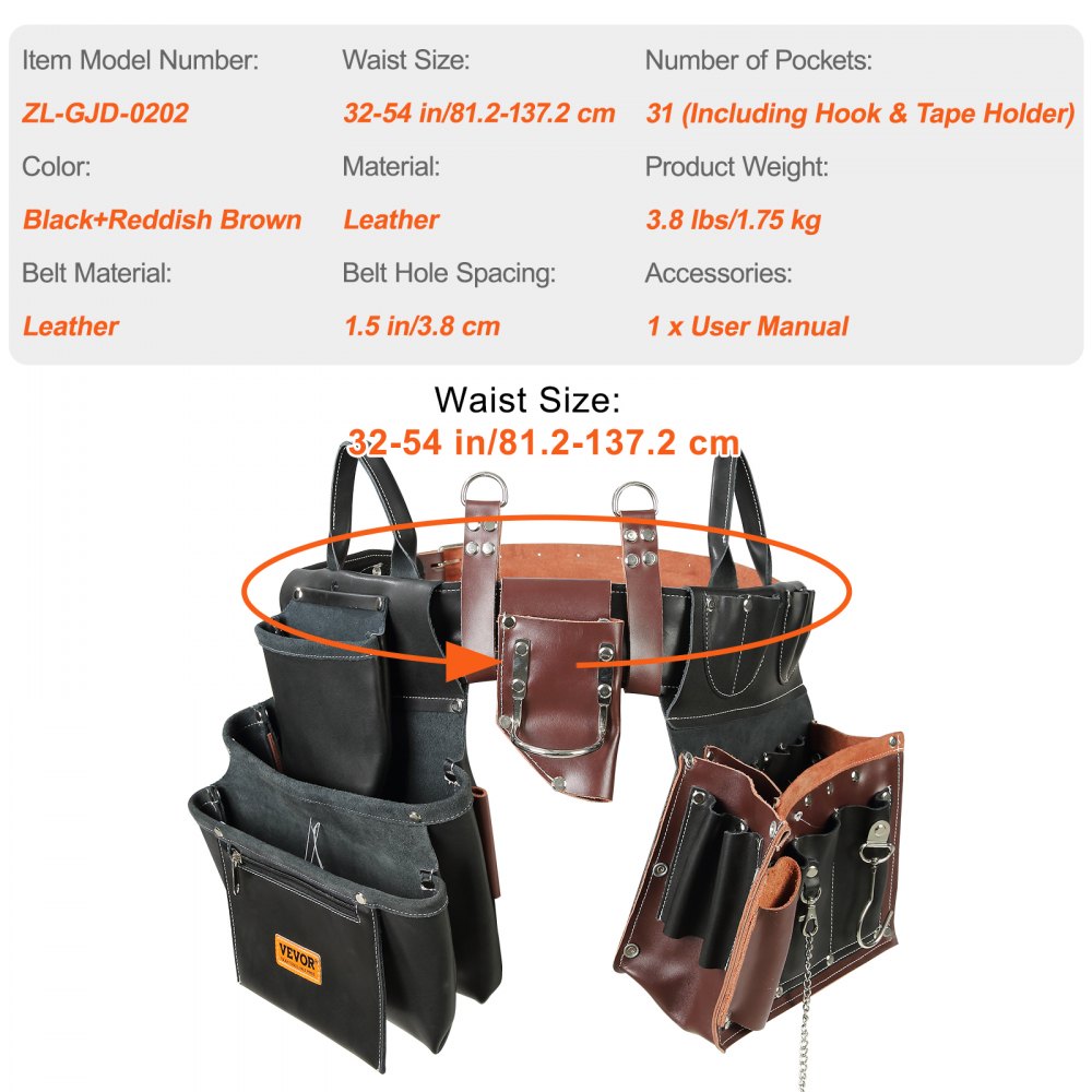 VEVOR Tool Belt, 31 Pockets, Adjusts from 32 Inches to 54 Inches, Leather Heavy Duty Tool Pouch Bag, Detachable Tool Bag for Electrician, Carpenter, Handyman, Woodworker, Construction, Black/Brown 