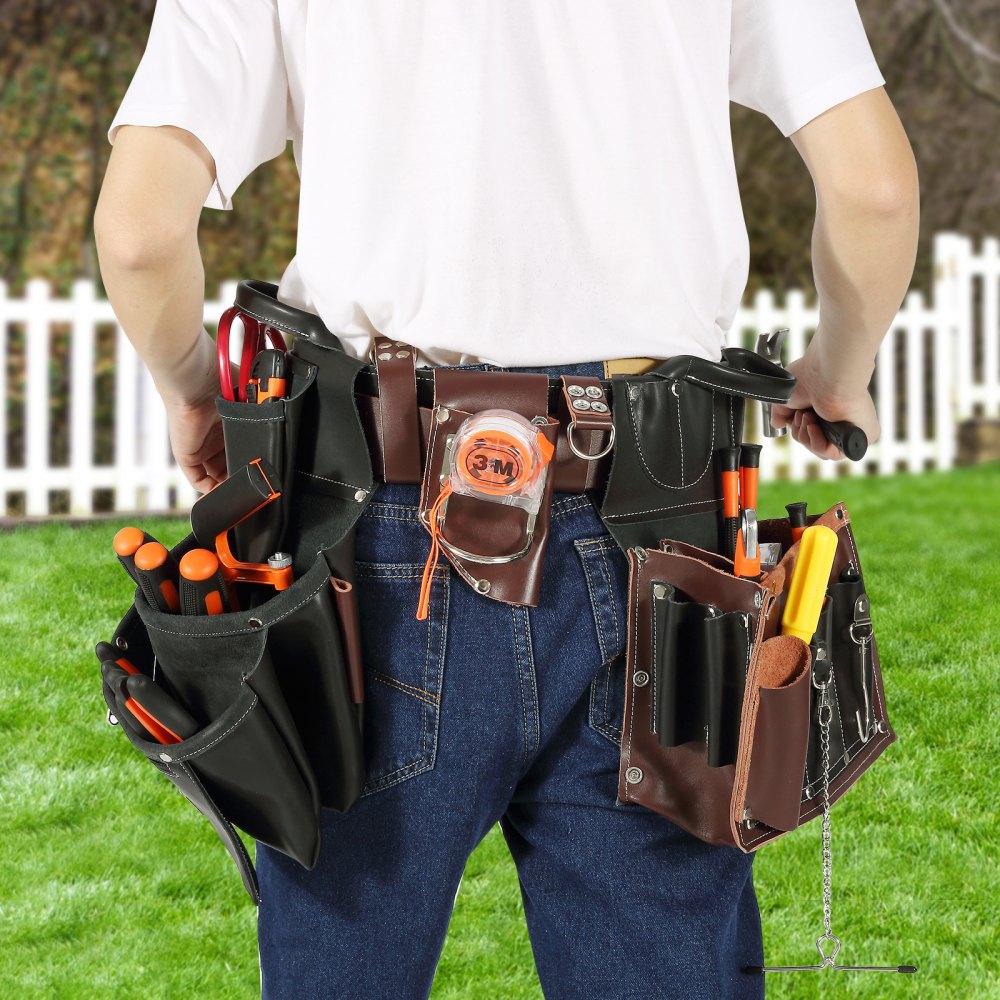 VEVOR Tool Belt, 31 Pockets, Adjusts from 32 Inches to 54 Inches, Leather Heavy Duty Tool Pouch Bag, Detachable Tool Bag for Electrician, Carpenter, Handyman, Woodworker, Construction, Black/Brown 