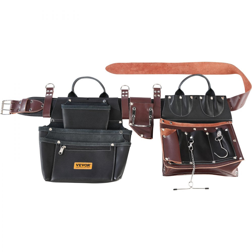 VEVOR Tool Belt, 31 Pockets, Adjusts from 32 Inches to 54 Inches, Leather Heavy Duty Tool Pouch Bag, Detachable Tool Bag for Electrician, Carpenter, Handyman, Woodworker, Construction, Black/Brown 