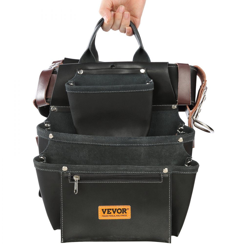 VEVOR Tool Belt, 31 Pockets, Adjusts from 32 Inches to 54 Inches, Leather Heavy Duty Tool Pouch Bag, Detachable Tool Bag for Electrician, Carpenter, Handyman, Woodworker, Construction, Black/Brown 