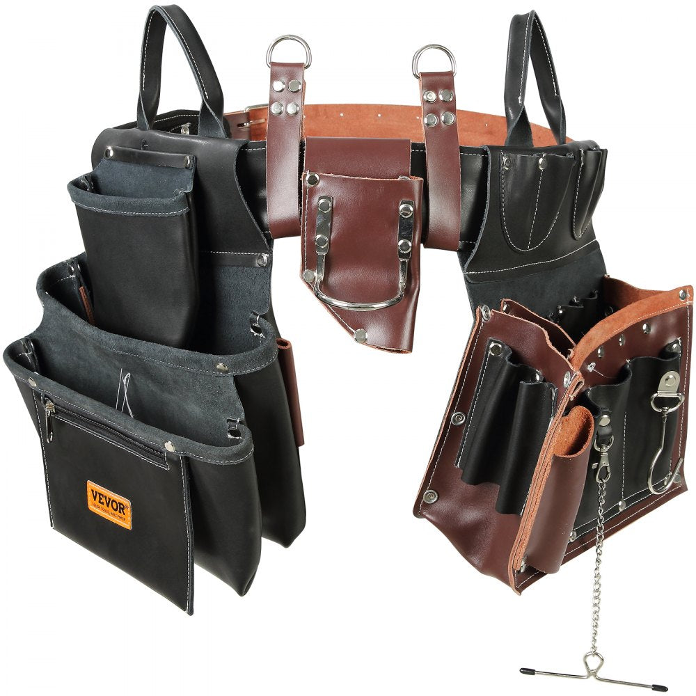 VEVOR Tool Belt, 31 Pockets, Adjusts from 32 Inches to 54 Inches, Leather Heavy Duty Tool Pouch Bag, Detachable Tool Bag for Electrician, Carpenter, Handyman, Woodworker, Construction, Black/Brown 
