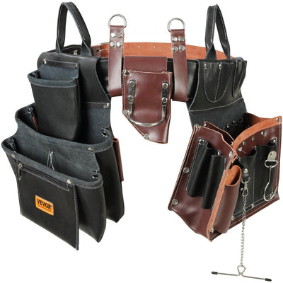 VEVOR Tool Belt, 31 Pockets, Adjusts from 32 Inches to 54 Inches, Leather Heavy Duty Tool Pouch Bag, Detachable Tool Bag for Electrician, Carpenter, Handyman, Woodworker, Construction, Black/Brown 