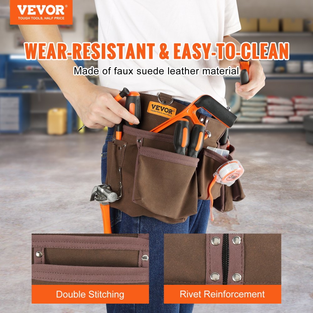VEVOR Tool Belt, 13 Pockets, Adjusts from 29 Inches to 54 Inches, Leather Heavy Duty Tool Pouch Bag with Dual Hammer Loops, Tool Bag for Electrician, Carpenter, Handyman, Construction, Framer, Brown 