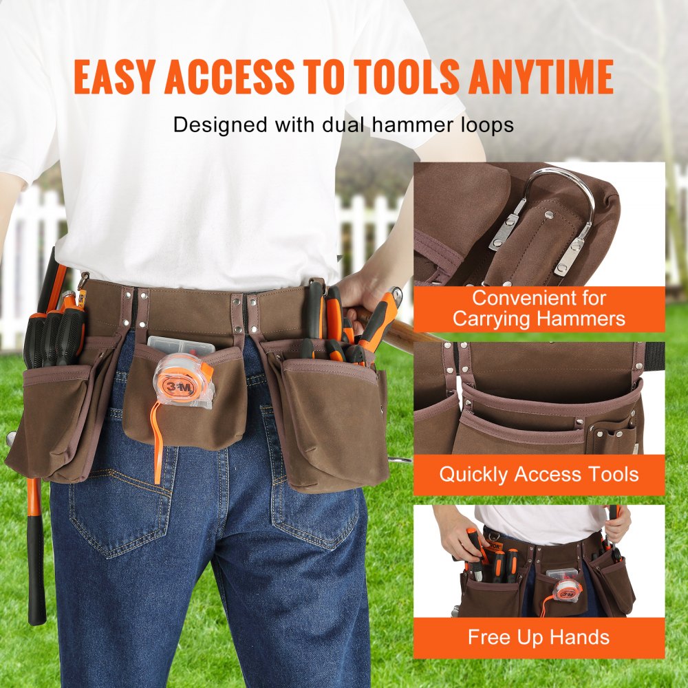 VEVOR Tool Belt, 13 Pockets, Adjusts from 29 Inches to 54 Inches, Leather Heavy Duty Tool Pouch Bag with Dual Hammer Loops, Tool Bag for Electrician, Carpenter, Handyman, Construction, Framer, Brown 