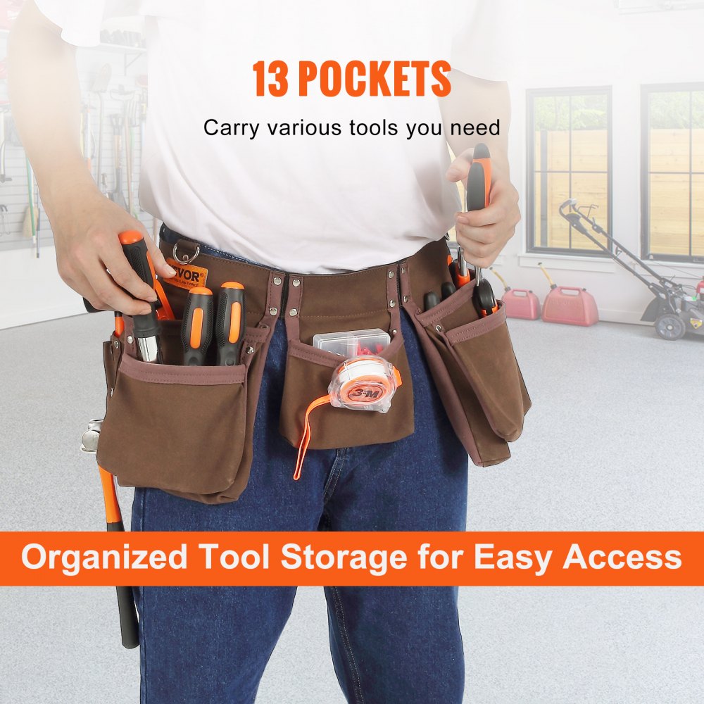 VEVOR Tool Belt, 13 Pockets, Adjusts from 29 Inches to 54 Inches, Leather Heavy Duty Tool Pouch Bag with Dual Hammer Loops, Tool Bag for Electrician, Carpenter, Handyman, Construction, Framer, Brown 