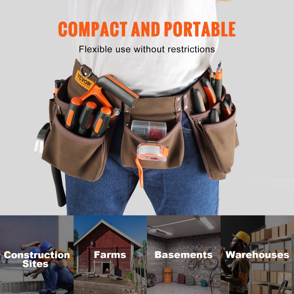 VEVOR Tool Belt, 13 Pockets, Adjusts from 29 Inches to 54 Inches, Leather Heavy Duty Tool Pouch Bag with Dual Hammer Loops, Tool Bag for Electrician, Carpenter, Handyman, Construction, Framer, Brown 