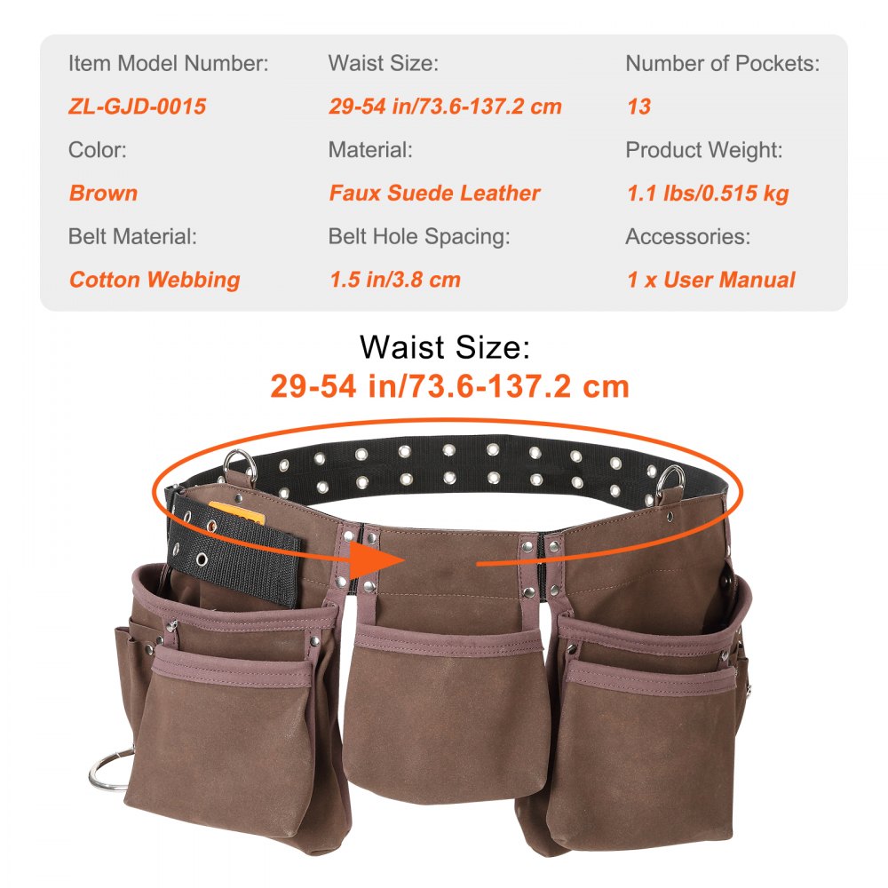 VEVOR Tool Belt, 13 Pockets, Adjusts from 29 Inches to 54 Inches, Leather Heavy Duty Tool Pouch Bag with Dual Hammer Loops, Tool Bag for Electrician, Carpenter, Handyman, Construction, Framer, Brown 