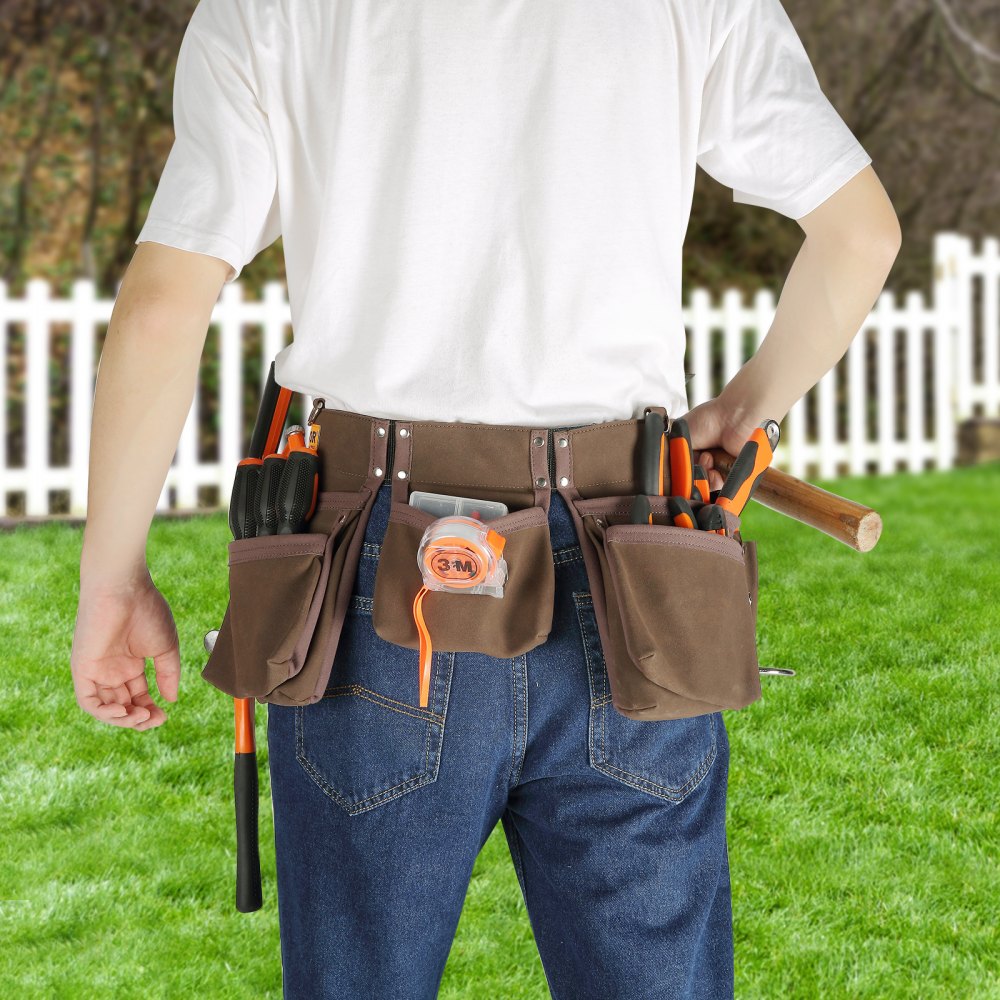 VEVOR Tool Belt, 13 Pockets, Adjusts from 29 Inches to 54 Inches, Leather Heavy Duty Tool Pouch Bag with Dual Hammer Loops, Tool Bag for Electrician, Carpenter, Handyman, Construction, Framer, Brown 