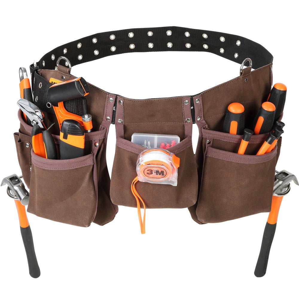 VEVOR Tool Belt, 13 Pockets, Adjusts from 29 Inches to 54 Inches, Leather Heavy Duty Tool Pouch Bag with Dual Hammer Loops, Tool Bag for Electrician, Carpenter, Handyman, Construction, Framer, Brown 