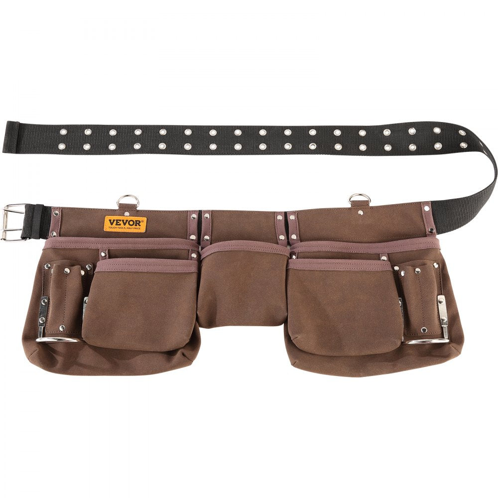 VEVOR Tool Belt, 13 Pockets, Adjusts from 29 Inches to 54 Inches, Leather Heavy Duty Tool Pouch Bag with Dual Hammer Loops, Tool Bag for Electrician, Carpenter, Handyman, Construction, Framer, Brown 