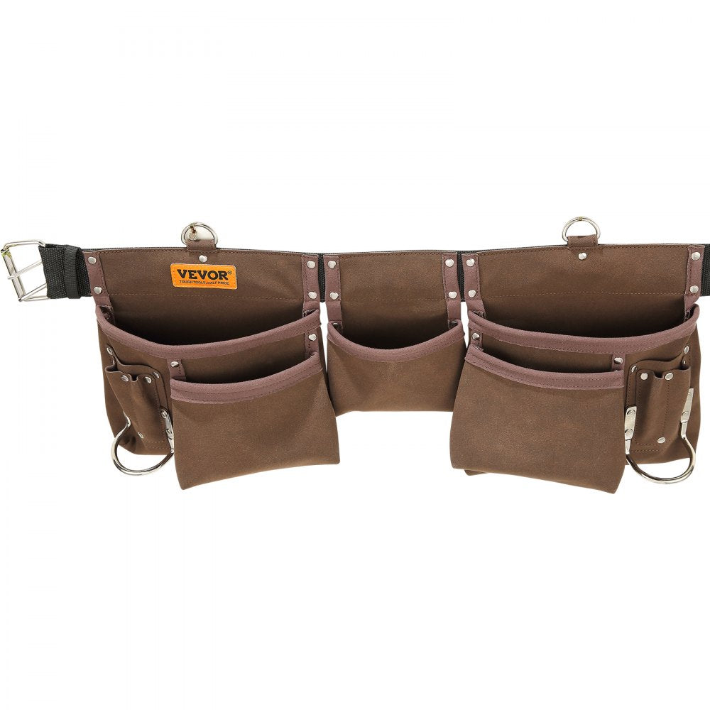 VEVOR Tool Belt, 13 Pockets, Adjusts from 29 Inches to 54 Inches, Leather Heavy Duty Tool Pouch Bag with Dual Hammer Loops, Tool Bag for Electrician, Carpenter, Handyman, Construction, Framer, Brown 