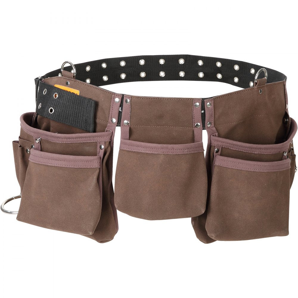 VEVOR Tool Belt, 13 Pockets, Adjusts from 29 Inches to 54 Inches, Leather Heavy Duty Tool Pouch Bag with Dual Hammer Loops, Tool Bag for Electrician, Carpenter, Handyman, Construction, Framer, Brown 