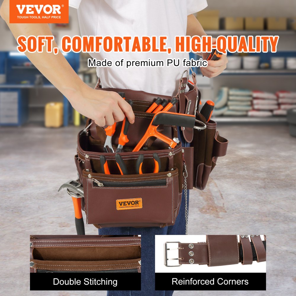 VEVOR Tool Belt, 22 Pockets, Adjust from 29 Inches to 54 Inches, Premium PU Heavy Duty Tool Pouch Bag, Detachable Tool Bag for Electrician, Carpenter, Handyman, Woodworker, Construction, Framer, Brown 