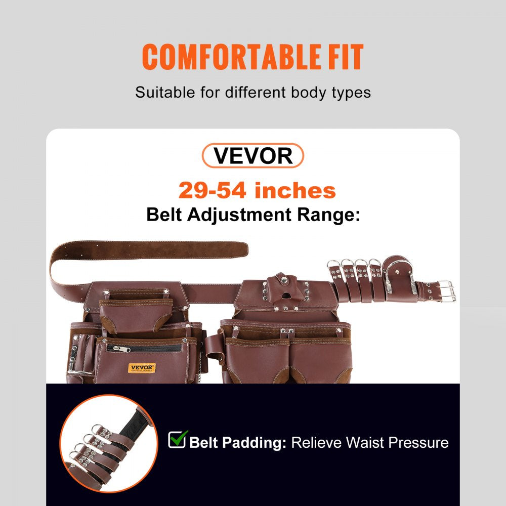 VEVOR Tool Belt, 22 Pockets, Adjust from 29 Inches to 54 Inches, Premium PU Heavy Duty Tool Pouch Bag, Detachable Tool Bag for Electrician, Carpenter, Handyman, Woodworker, Construction, Framer, Brown 