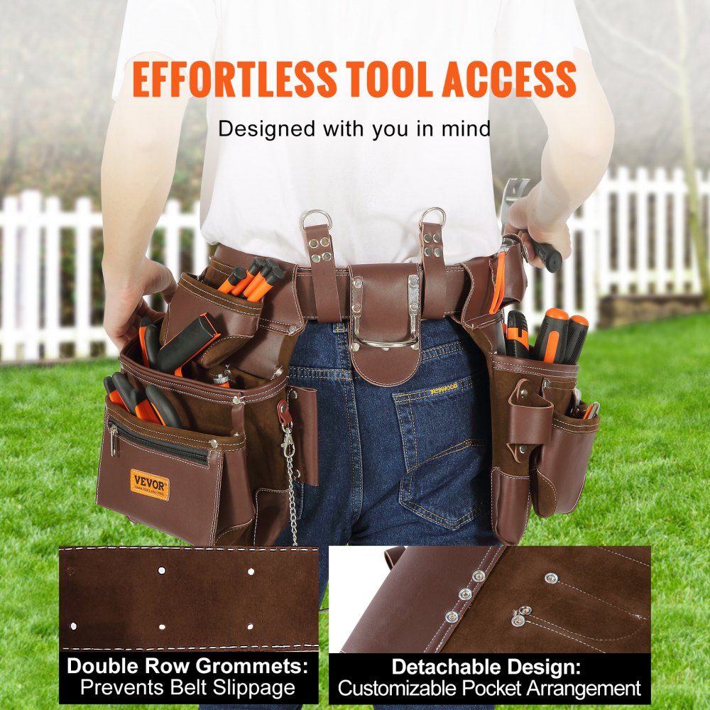VEVOR Tool Belt, 22 Pockets, Adjust from 29 Inches to 54 Inches, Premium PU Heavy Duty Tool Pouch Bag, Detachable Tool Bag for Electrician, Carpenter, Handyman, Woodworker, Construction, Framer, Brown 