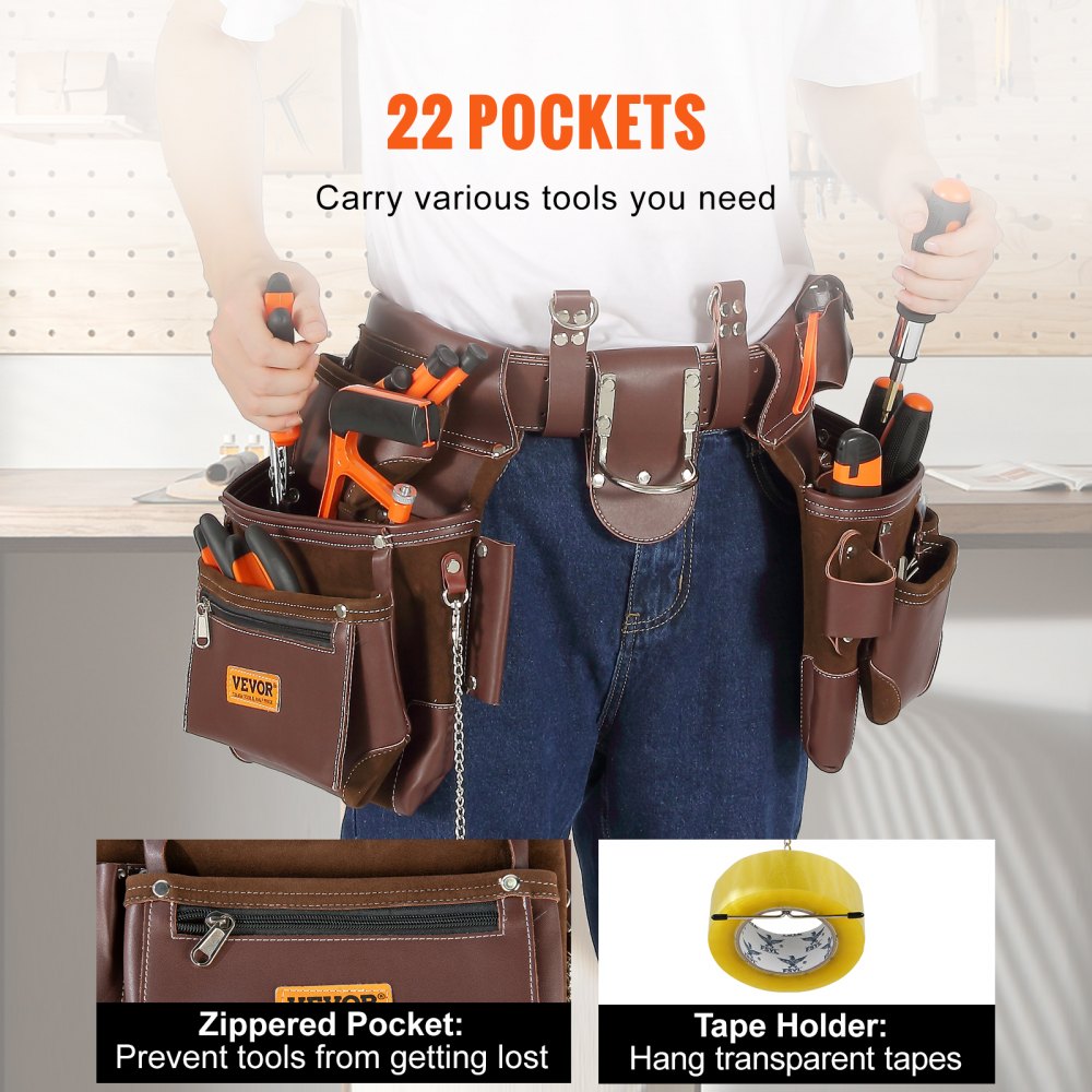 VEVOR Tool Belt, 22 Pockets, Adjust from 29 Inches to 54 Inches, Premium PU Heavy Duty Tool Pouch Bag, Detachable Tool Bag for Electrician, Carpenter, Handyman, Woodworker, Construction, Framer, Brown 