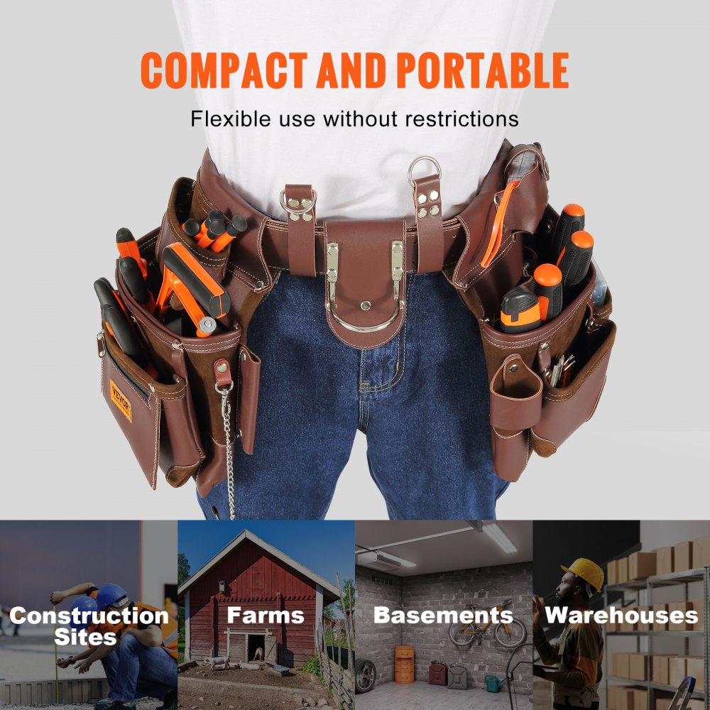 VEVOR Tool Belt, 22 Pockets, Adjust from 29 Inches to 54 Inches, Premium PU Heavy Duty Tool Pouch Bag, Detachable Tool Bag for Electrician, Carpenter, Handyman, Woodworker, Construction, Framer, Brown 