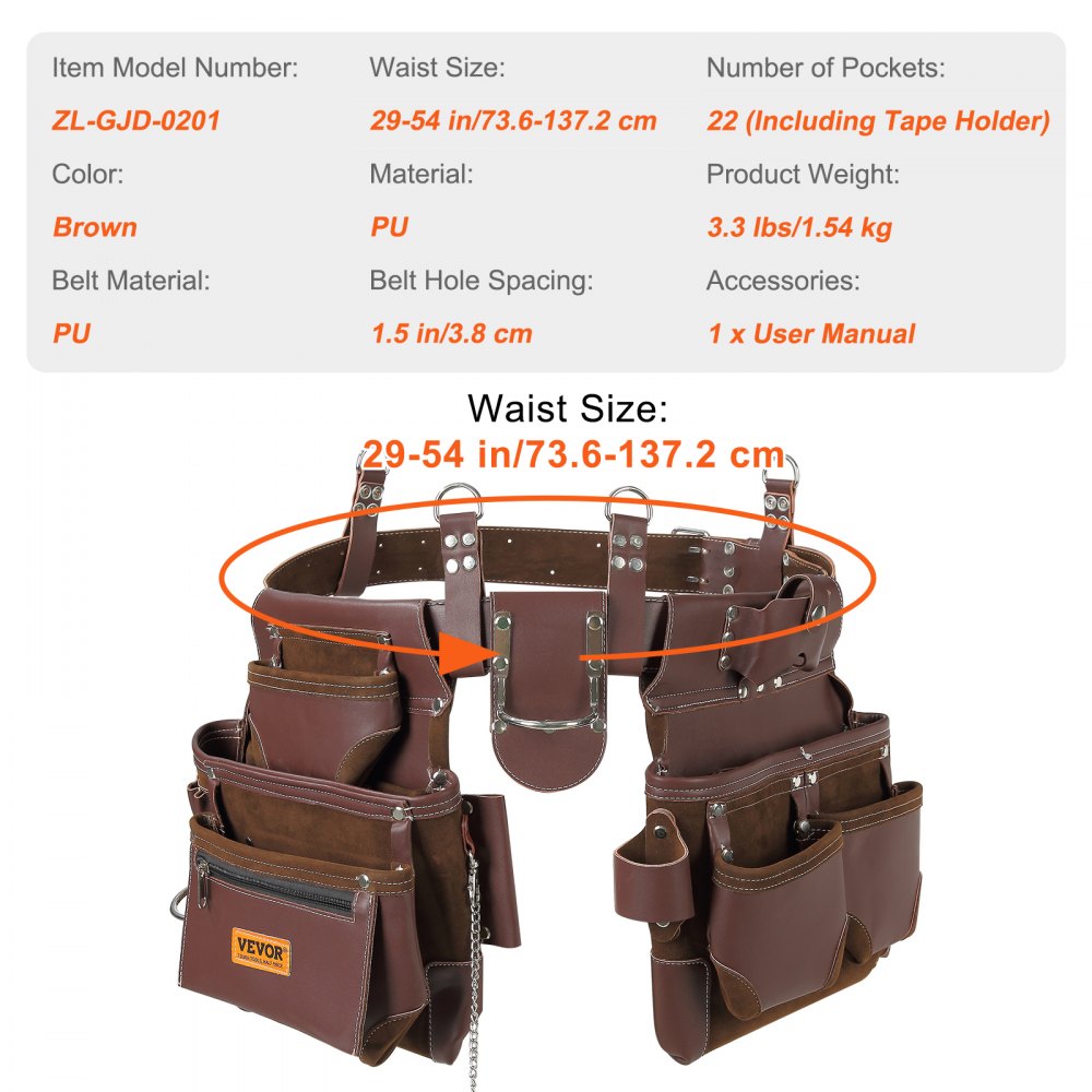 VEVOR Tool Belt, 22 Pockets, Adjust from 29 Inches to 54 Inches, Premium PU Heavy Duty Tool Pouch Bag, Detachable Tool Bag for Electrician, Carpenter, Handyman, Woodworker, Construction, Framer, Brown 