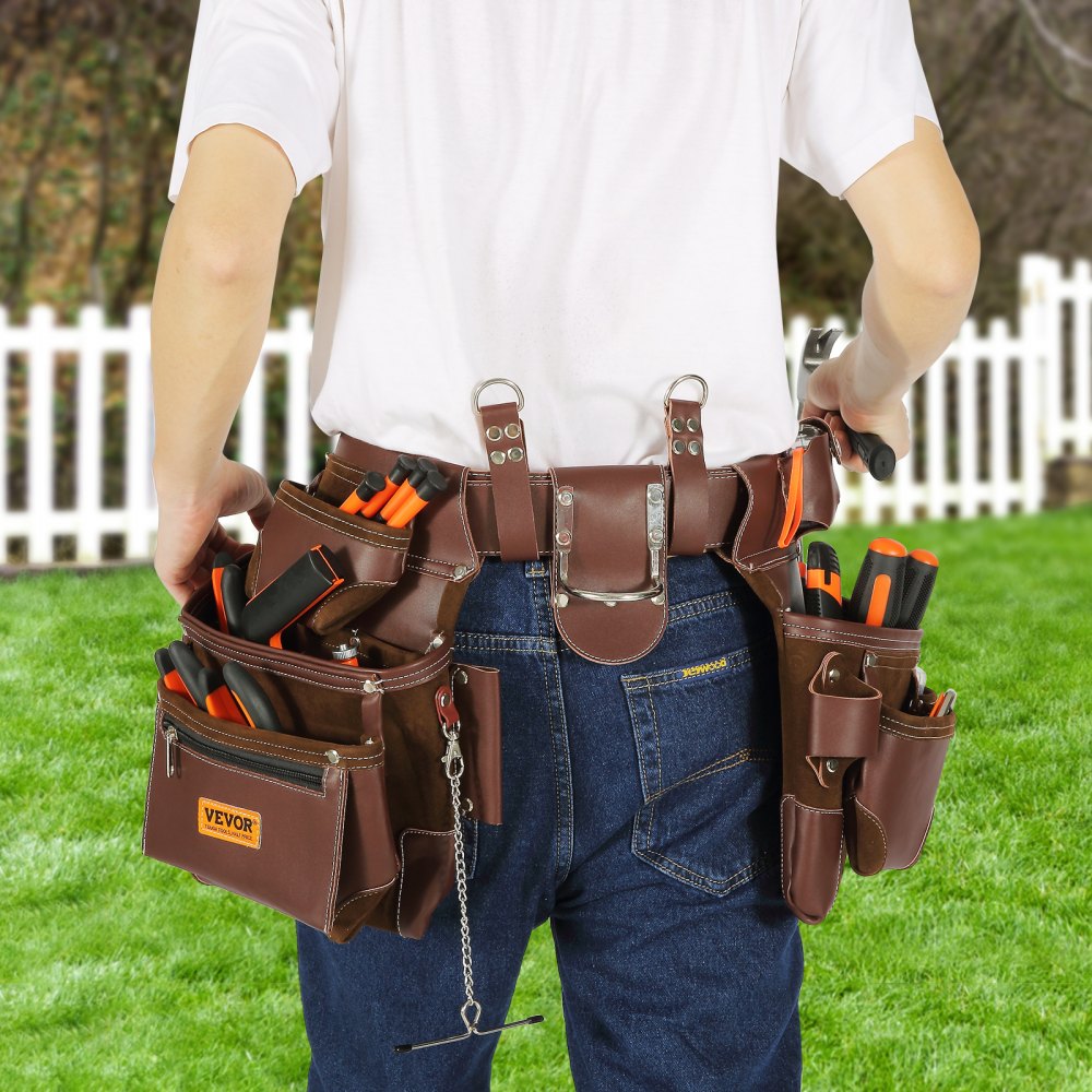 VEVOR Tool Belt, 22 Pockets, Adjust from 29 Inches to 54 Inches, Premium PU Heavy Duty Tool Pouch Bag, Detachable Tool Bag for Electrician, Carpenter, Handyman, Woodworker, Construction, Framer, Brown 