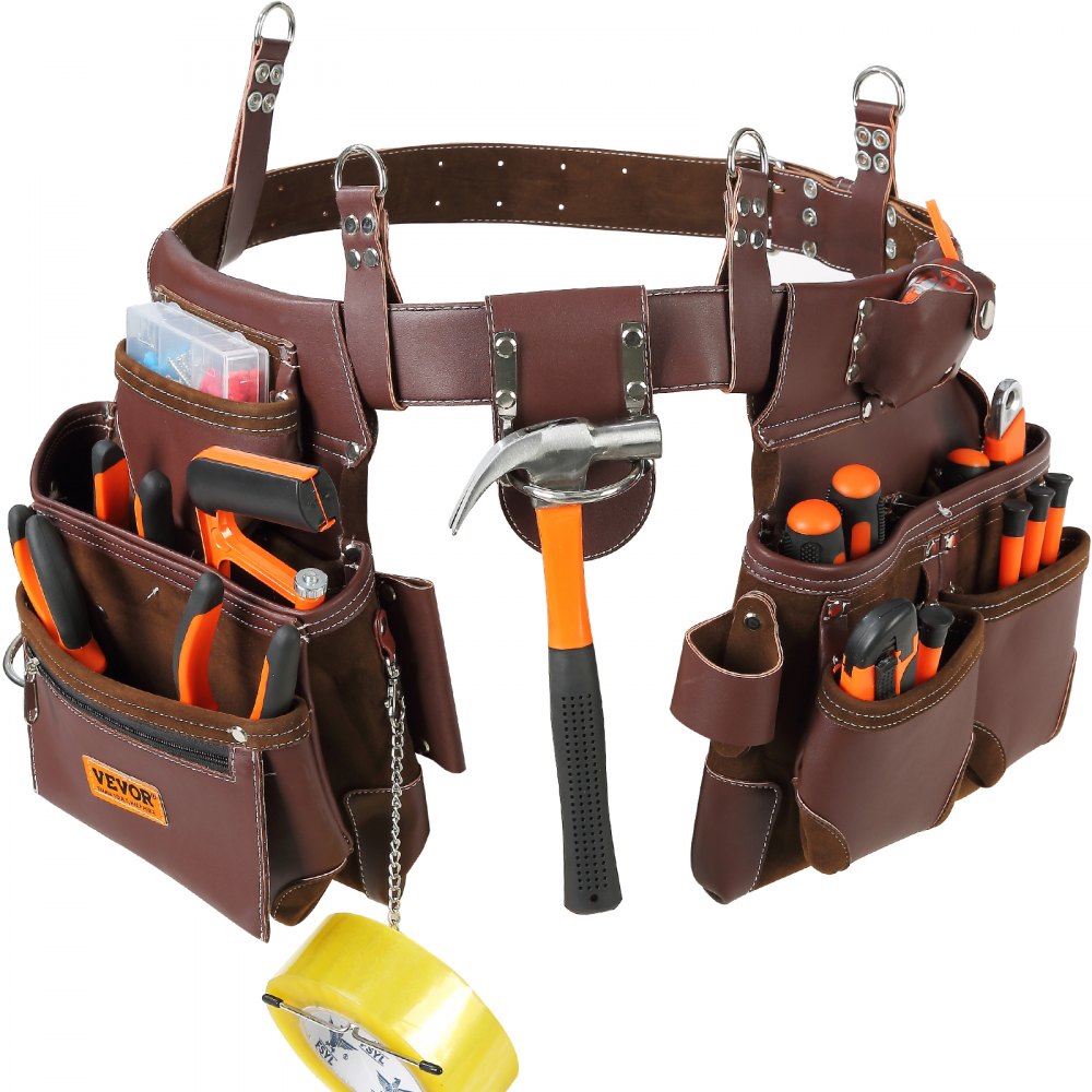 VEVOR Tool Belt, 22 Pockets, Adjust from 29 Inches to 54 Inches, Premium PU Heavy Duty Tool Pouch Bag, Detachable Tool Bag for Electrician, Carpenter, Handyman, Woodworker, Construction, Framer, Brown 