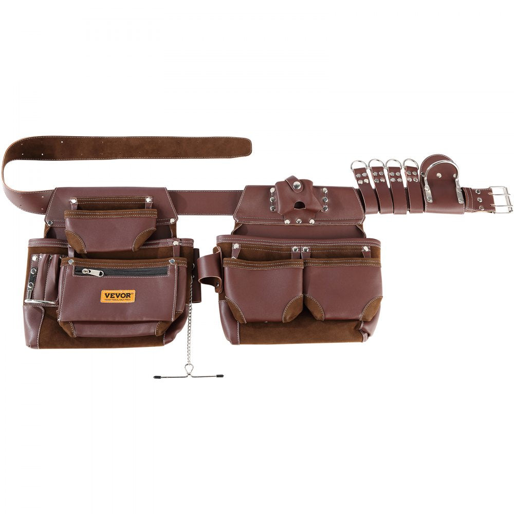 VEVOR Tool Belt, 22 Pockets, Adjust from 29 Inches to 54 Inches, Premium PU Heavy Duty Tool Pouch Bag, Detachable Tool Bag for Electrician, Carpenter, Handyman, Woodworker, Construction, Framer, Brown 