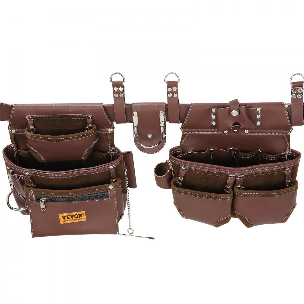 VEVOR Tool Belt, 22 Pockets, Adjust from 29 Inches to 54 Inches, Premium PU Heavy Duty Tool Pouch Bag, Detachable Tool Bag for Electrician, Carpenter, Handyman, Woodworker, Construction, Framer, Brown 