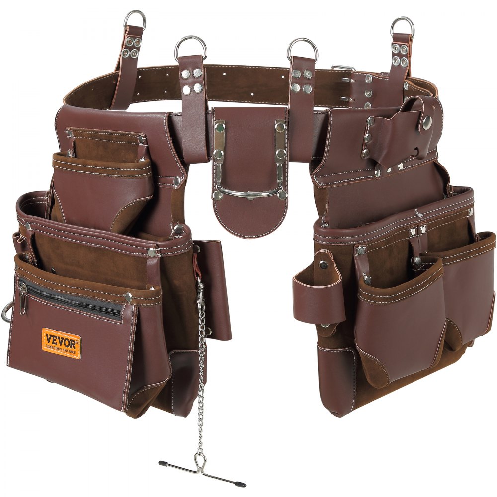 VEVOR Tool Belt, 22 Pockets, Adjust from 29 Inches to 54 Inches, Premium PU Heavy Duty Tool Pouch Bag, Detachable Tool Bag for Electrician, Carpenter, Handyman, Woodworker, Construction, Framer, Brown 
