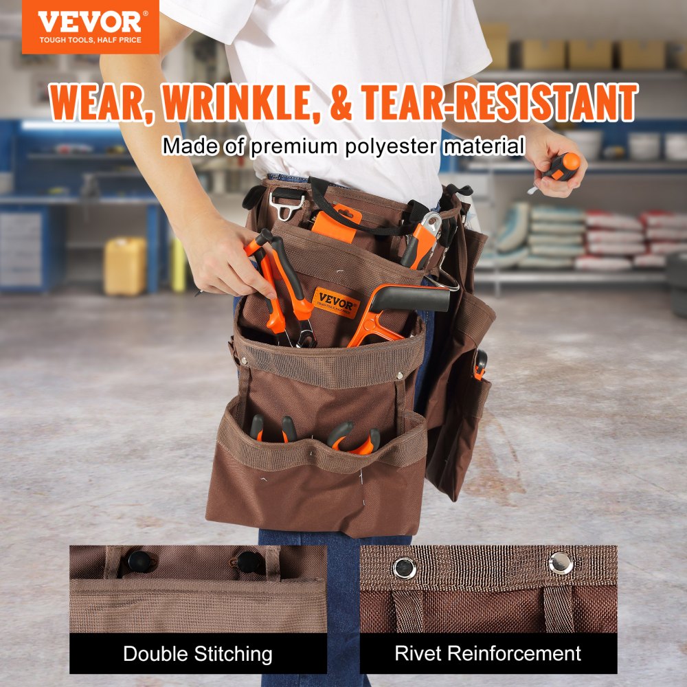 VEVOR Tool Belt, 19 Pockets, Adjusts from 32 Inches to 54 Inches, Polyester Heavy Duty Tool Pouch Bag, Detachable Tool Bag for Electrician, Carpenter, Handyman, Woodworker, Construction, Framer, Brown 