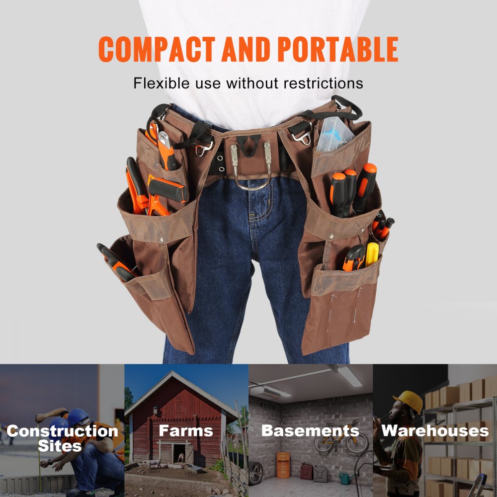 VEVOR Tool Belt, 19 Pockets, Adjusts from 32 Inches to 54 Inches, Polyester Heavy Duty Tool Pouch Bag, Detachable Tool Bag for Electrician, Carpenter, Handyman, Woodworker, Construction, Framer, Brown 