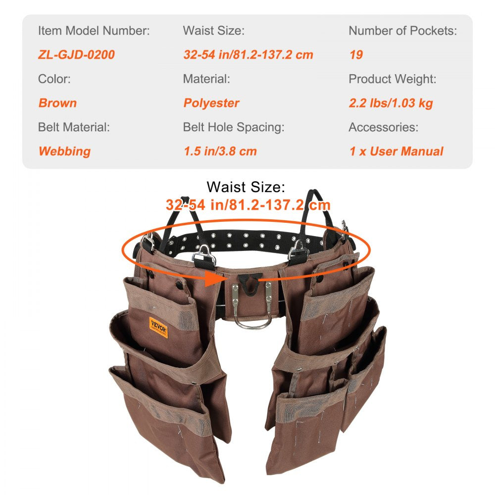VEVOR Tool Belt, 19 Pockets, Adjusts from 32 Inches to 54 Inches, Polyester Heavy Duty Tool Pouch Bag, Detachable Tool Bag for Electrician, Carpenter, Handyman, Woodworker, Construction, Framer, Brown 