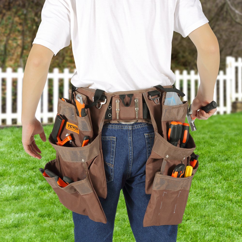 VEVOR Tool Belt, 19 Pockets, Adjusts from 32 Inches to 54 Inches, Polyester Heavy Duty Tool Pouch Bag, Detachable Tool Bag for Electrician, Carpenter, Handyman, Woodworker, Construction, Framer, Brown 