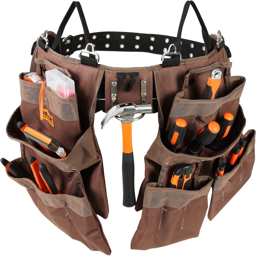 VEVOR Tool Belt, 19 Pockets, Adjusts from 32 Inches to 54 Inches, Polyester Heavy Duty Tool Pouch Bag, Detachable Tool Bag for Electrician, Carpenter, Handyman, Woodworker, Construction, Framer, Brown 