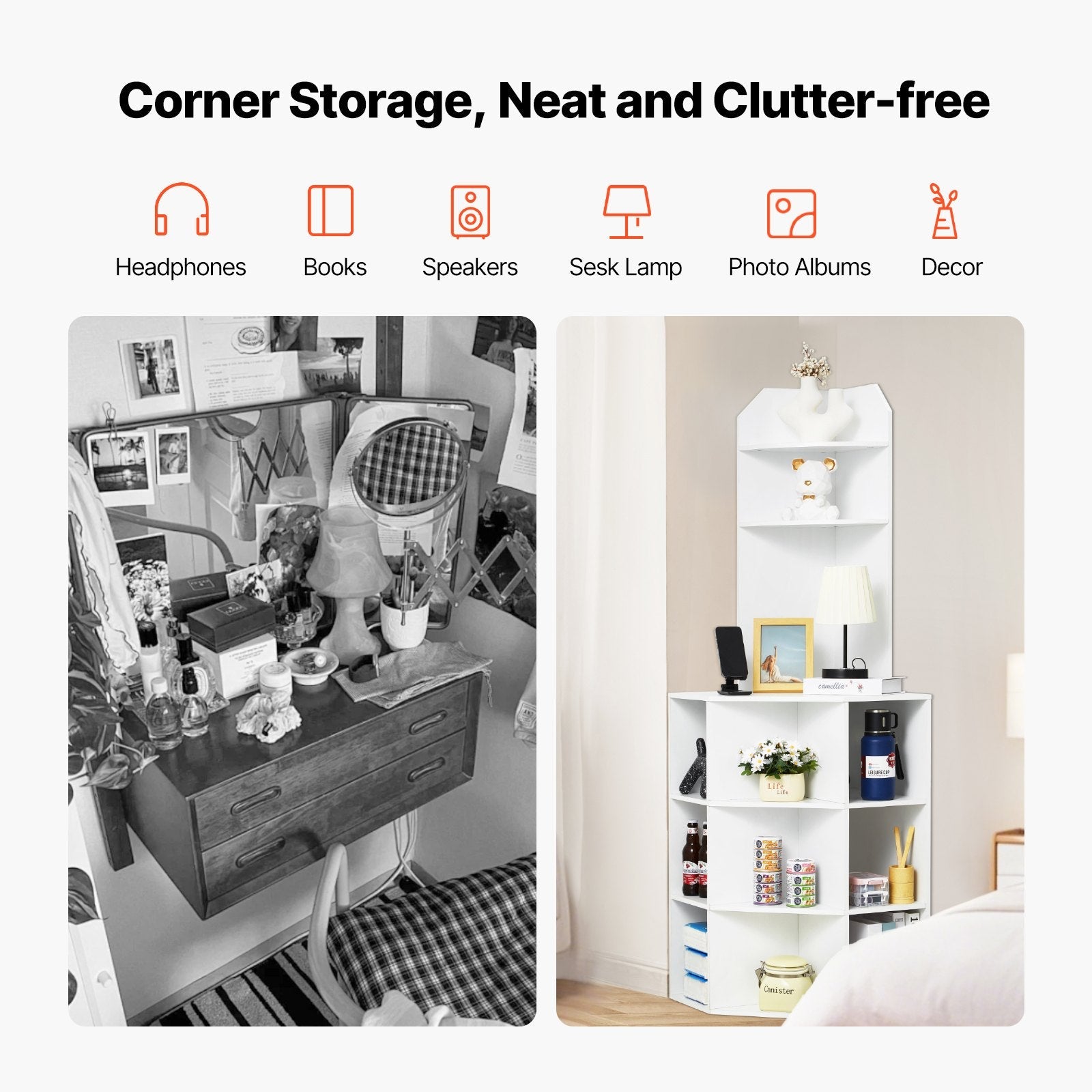 VEVOR 64" Corner Storage Cabinet with Charging Station Adjustable Shelves White 