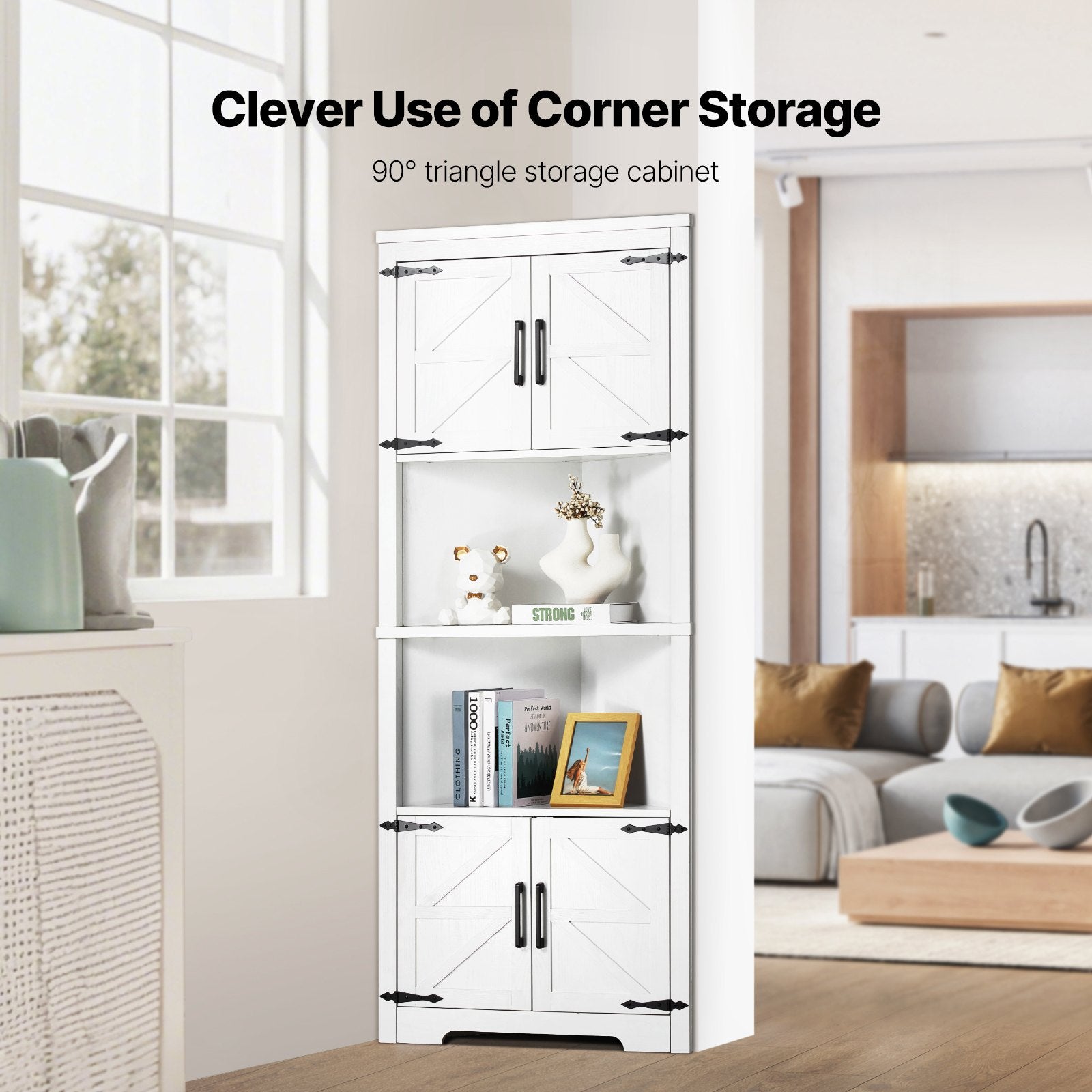 VEVOR 68" Corner Storage Cabinet with 4 Wooden Doors & Adjustable Shelves White 