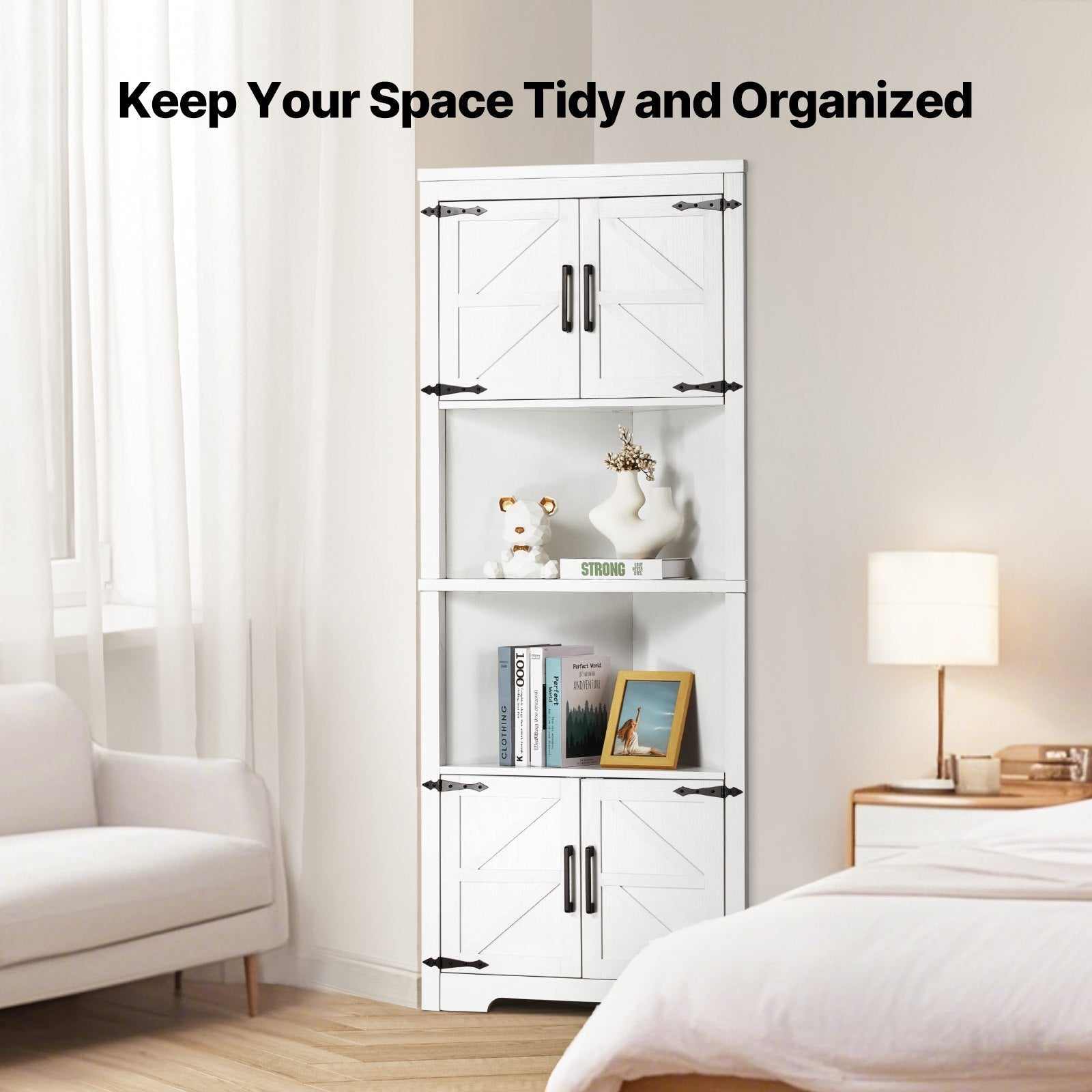 VEVOR 68" Corner Storage Cabinet with 4 Wooden Doors & Adjustable Shelves White 