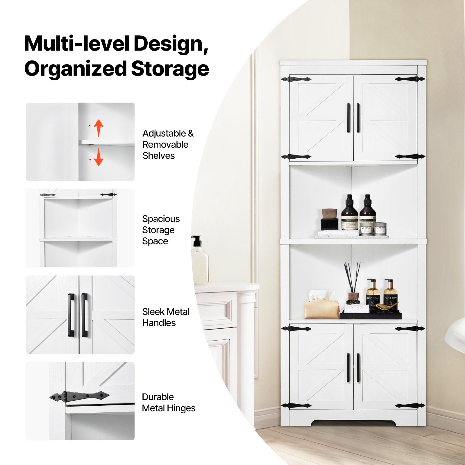 VEVOR 68" Corner Storage Cabinet with 4 Wooden Doors & Adjustable Shelves White 