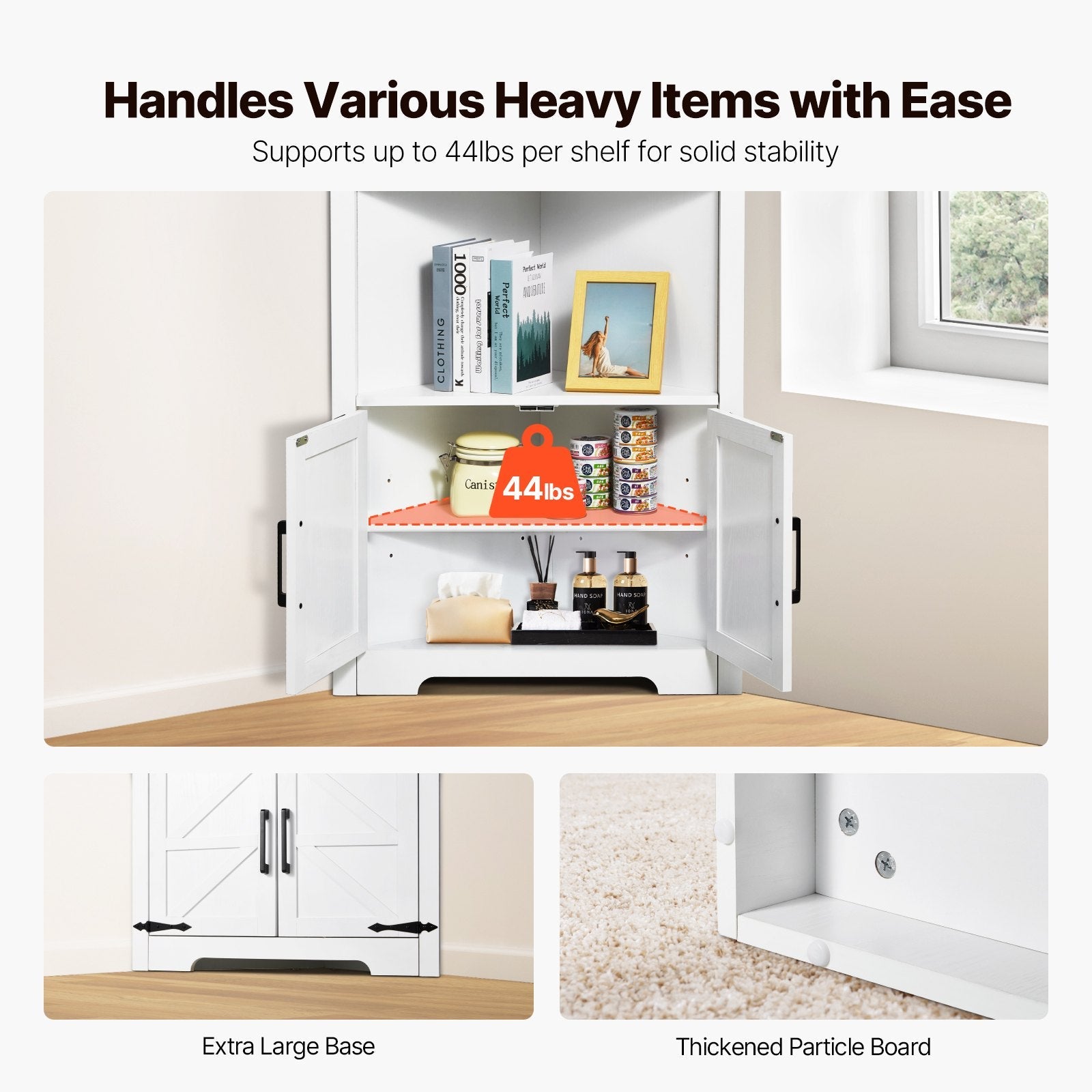 VEVOR 68" Corner Storage Cabinet with 4 Wooden Doors & Adjustable Shelves White 