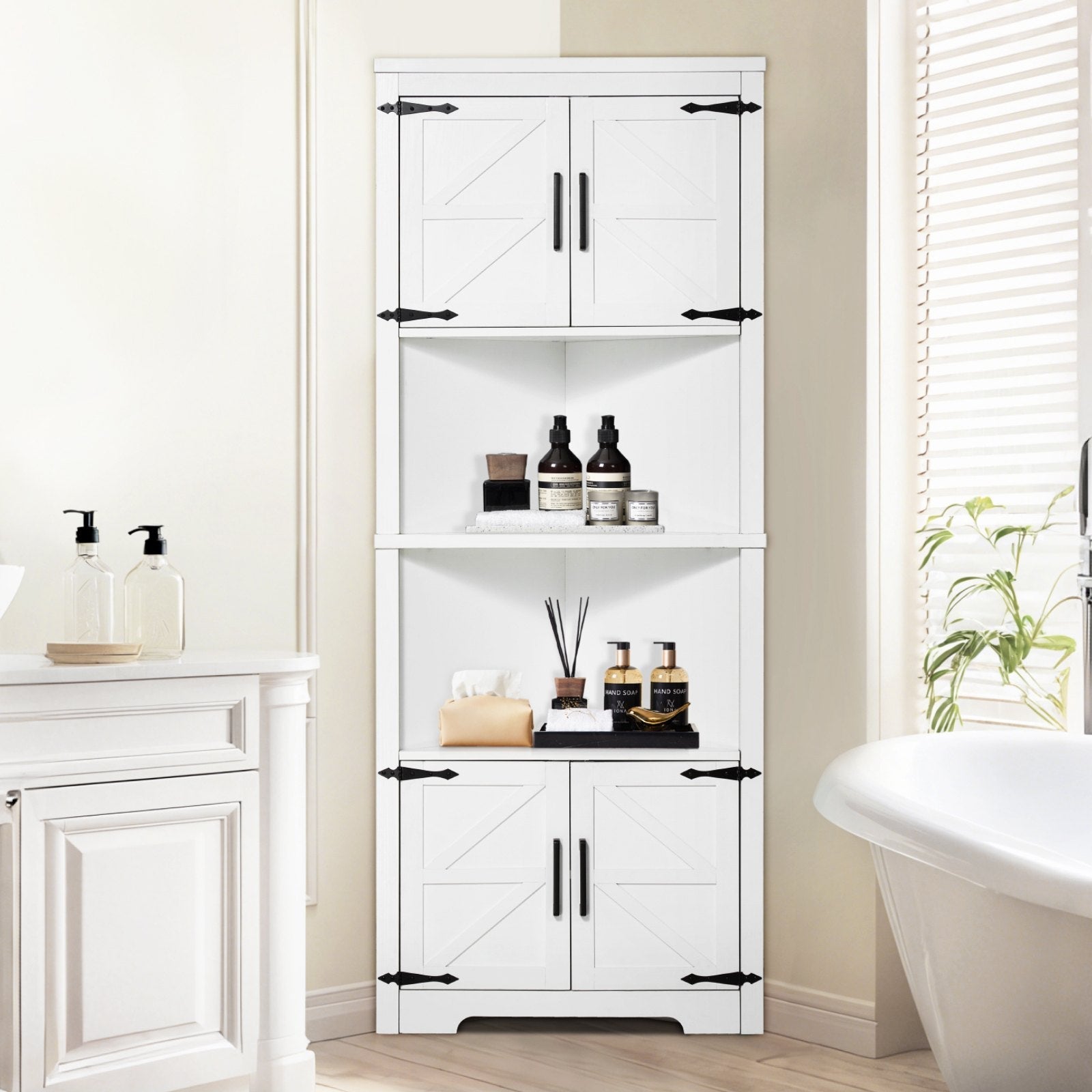 VEVOR 68" Corner Storage Cabinet with 4 Wooden Doors & Adjustable Shelves White 